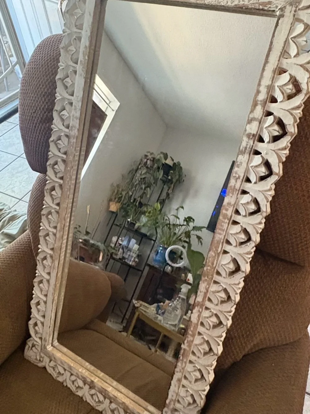 Hand-Carved Distressed White Wall Mirror - Elegant Home Accent